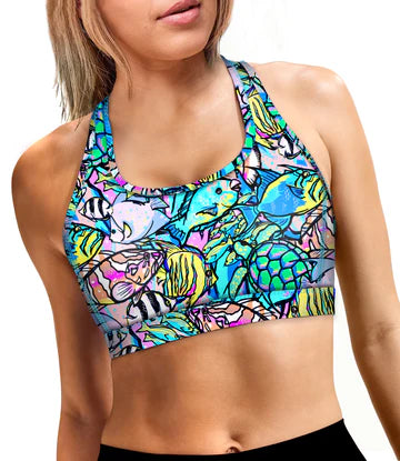 Spacefish Army Eco-friendly Neon Fish Frenzy T-Back Bikini Sports Bra